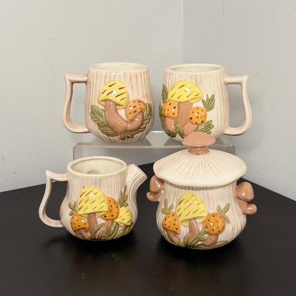 Arnel's Other - Vintage Arnels Mushroom Ceramic Set Mugs Creamer Sugar Bowl Retro 70s Pottery